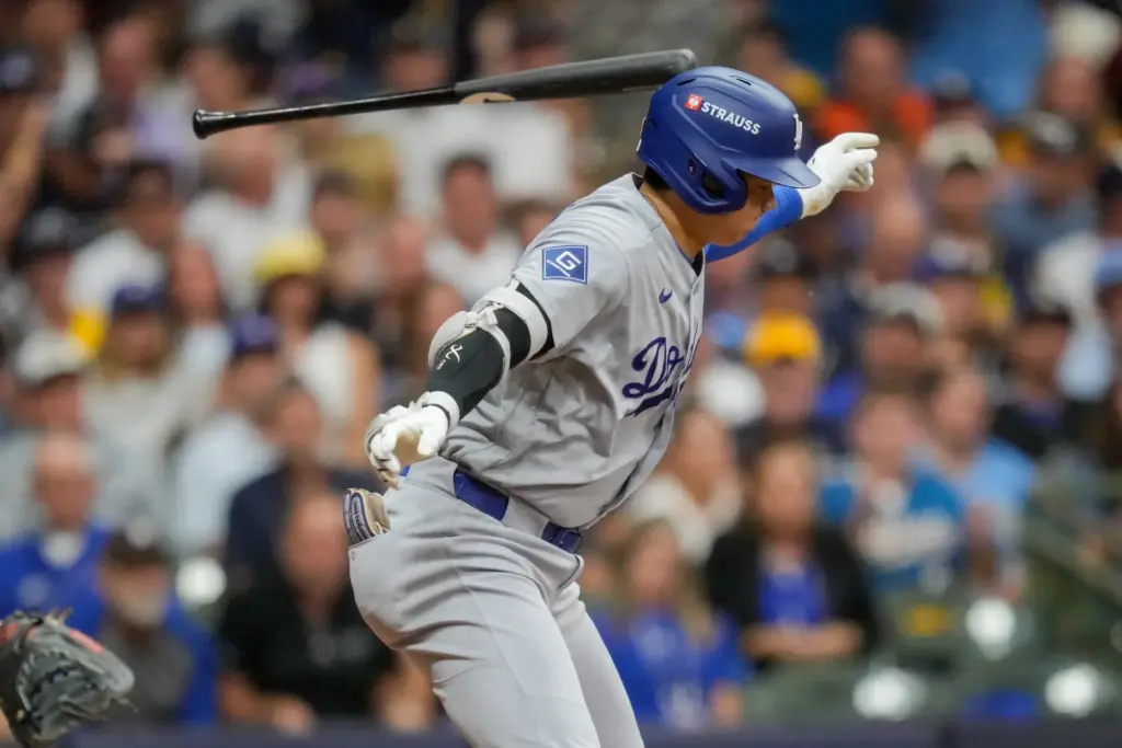 Dodgers star Shohei Ohtani strikes out during the sixth inning...
