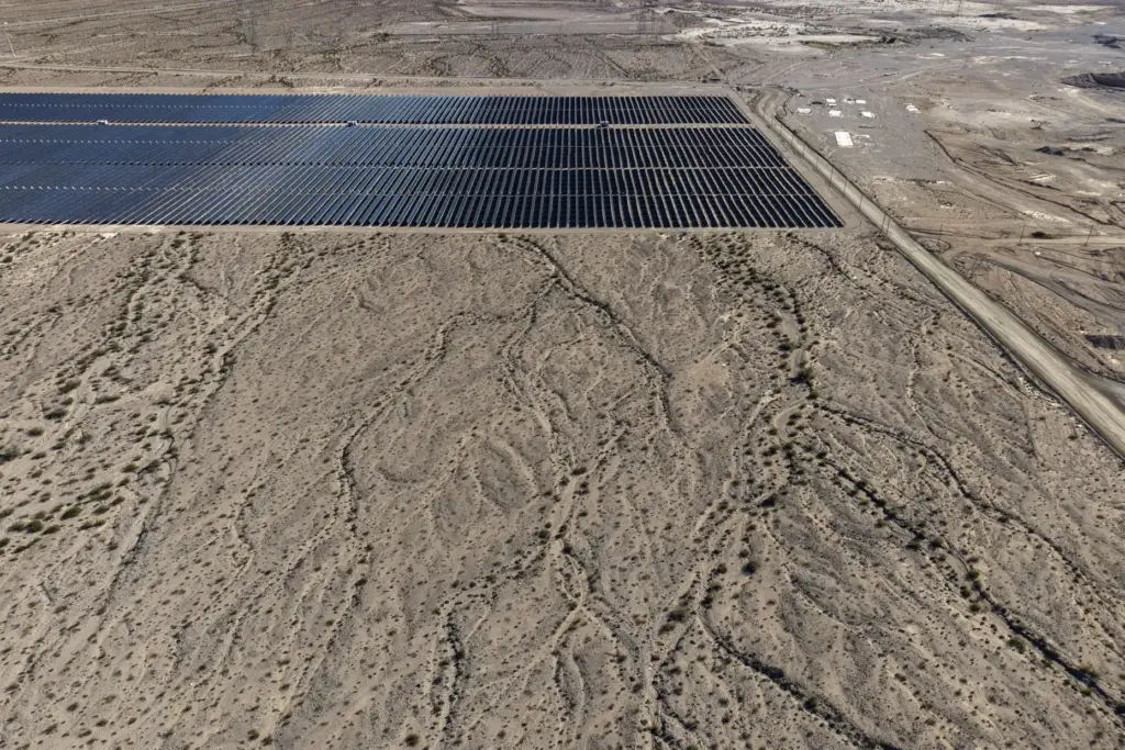 Land for a proposed data center is seen near solar panels near Boulder City, Nevada.