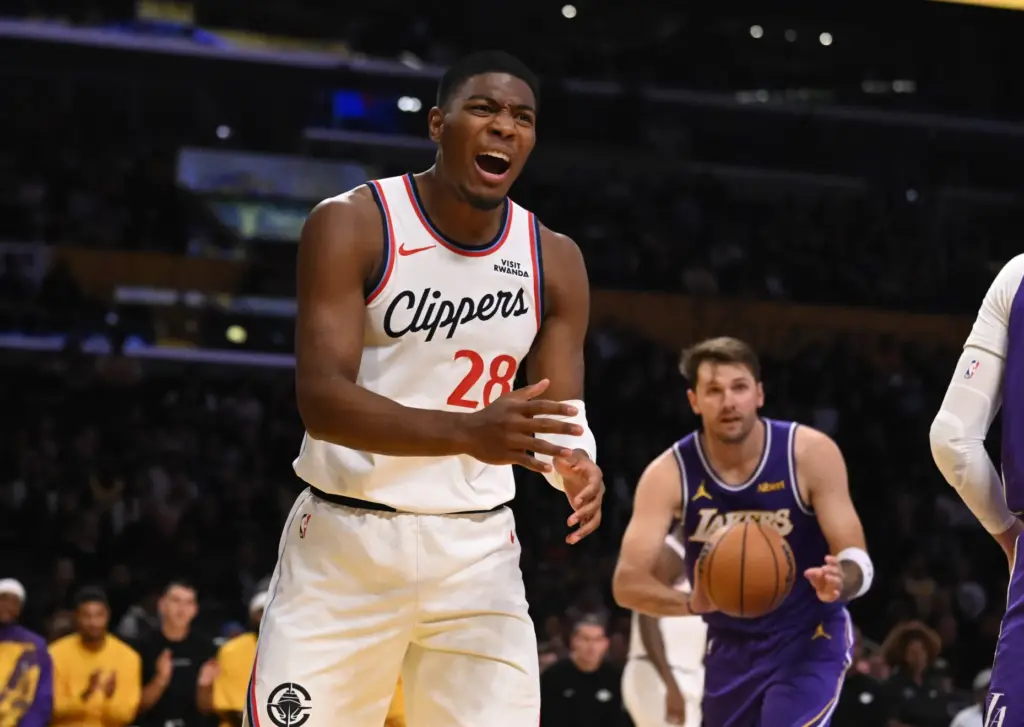 Clippers forward Rui Hachimura reacts to a call during the...