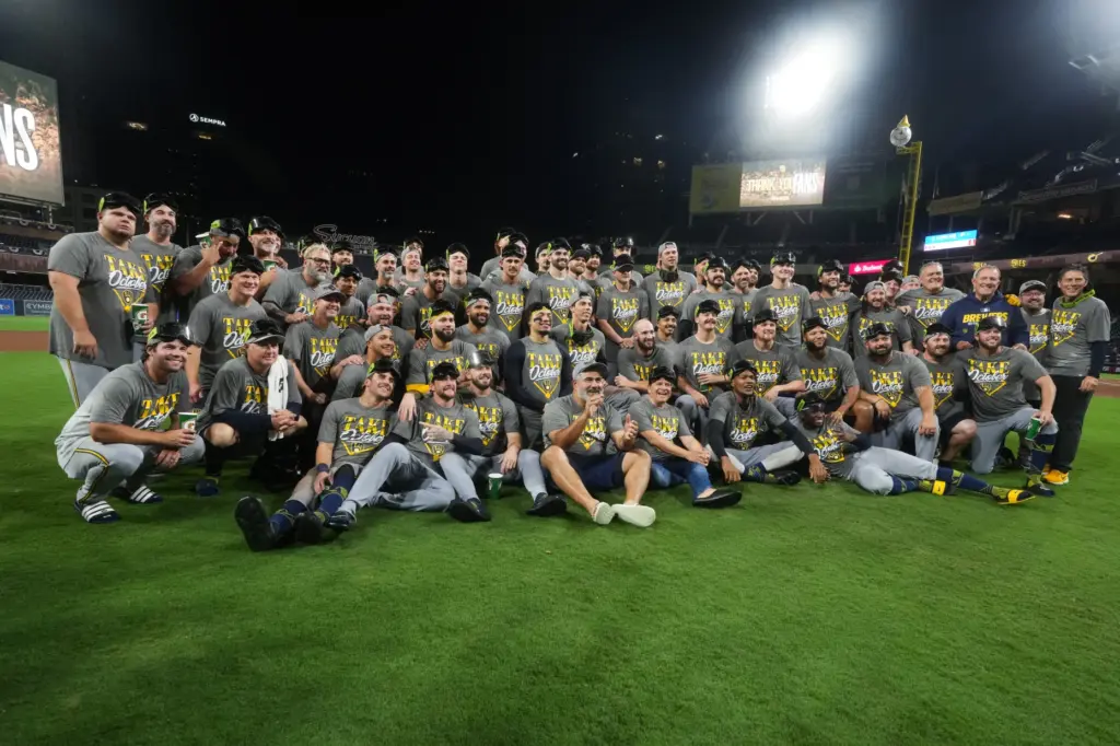 Milwaukee Brewers players and staff pose for a team photo...