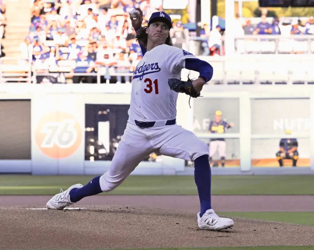 Dodgers starting pitcher Tyler Glasnow throws to the plate during...