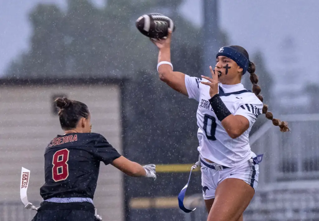 Sierra Canyon quarterback Makena Cook (0) throws the ball during...
