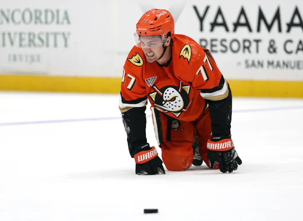 The Ducks’ Frank Vatrano reacts after drawing a penalty from...