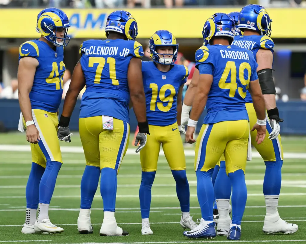 Rams place kicker Blake Grupe (19) celebates a field goal...