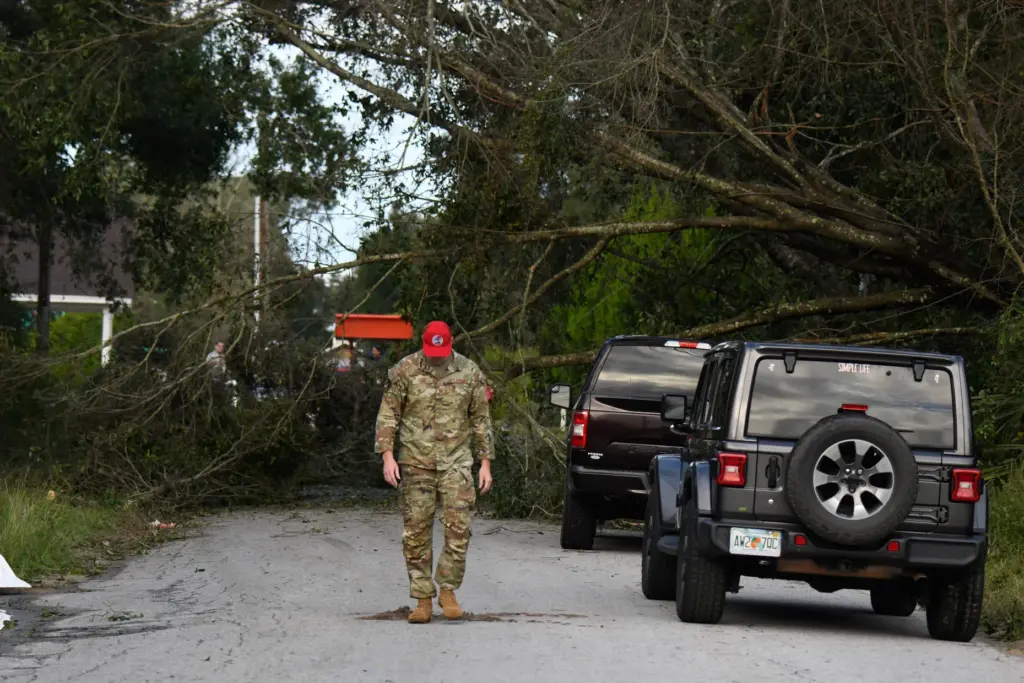 Trees toppled by the effects of Isaias block a road...