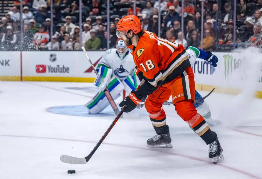 The Ducksâ A.J. Greer controls the puck during the first...