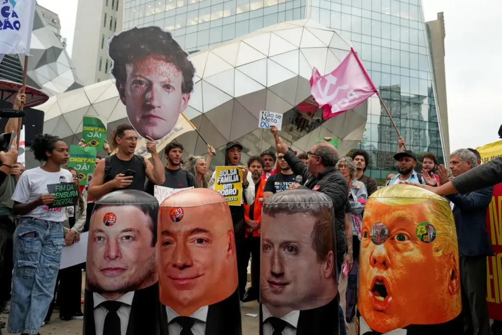 Demonstrators rally against Meta over allegations of interference in Brazil’s...