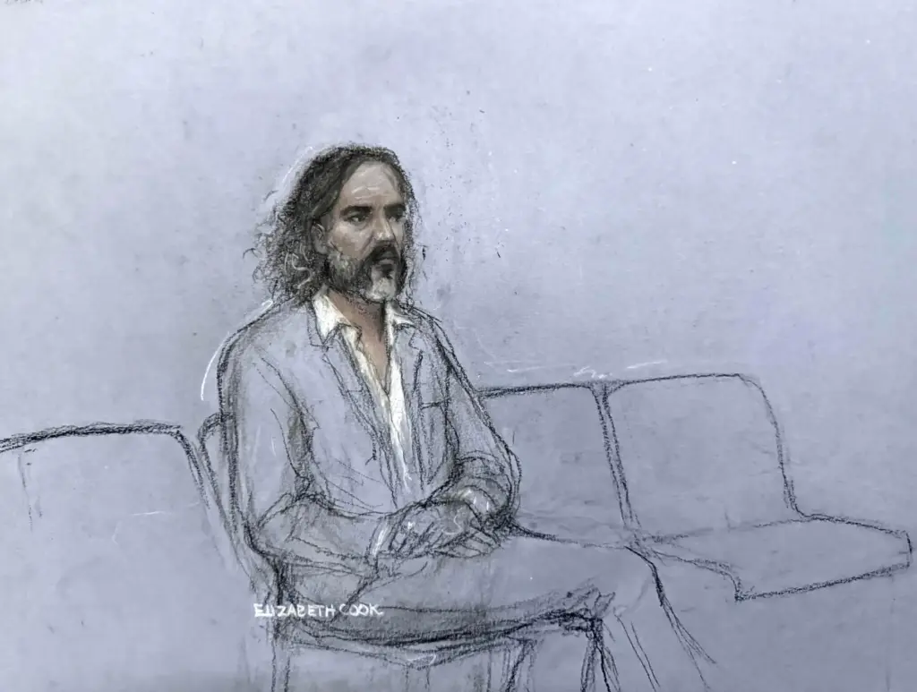 A court artist sketch shows Russell Brand appearing during jury selection.