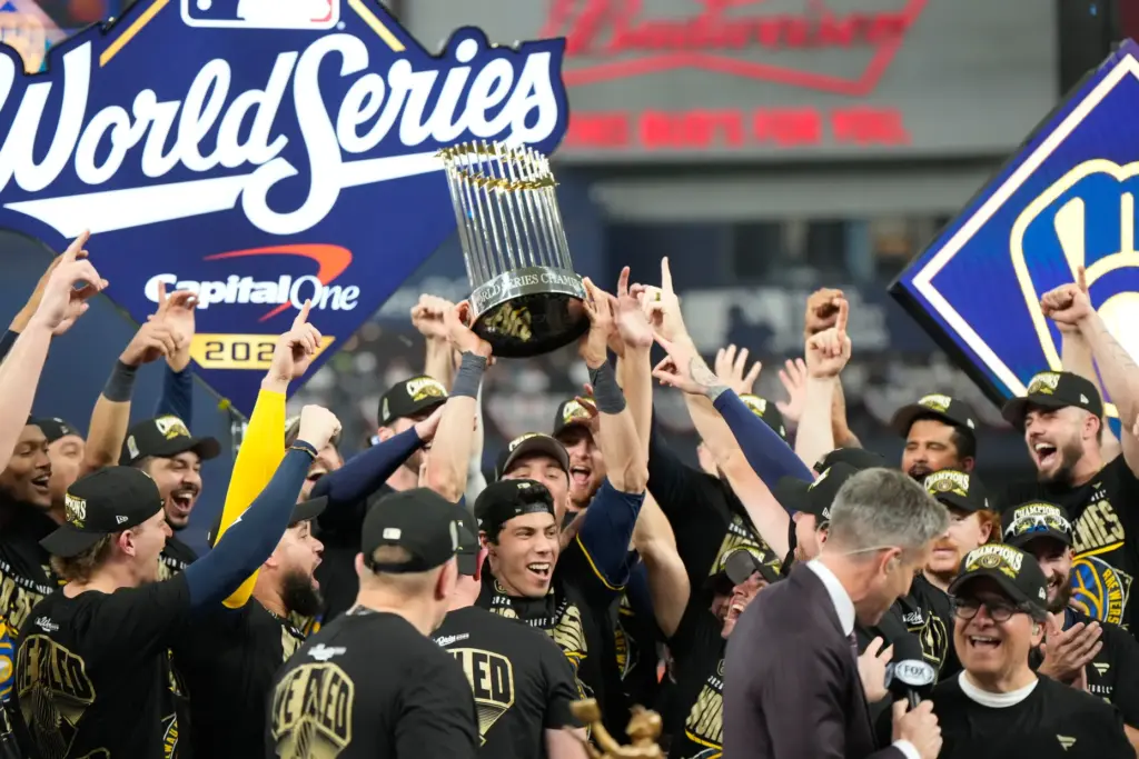 The Milwaukee Brewers celebrate after winning baseball’s World Series against...