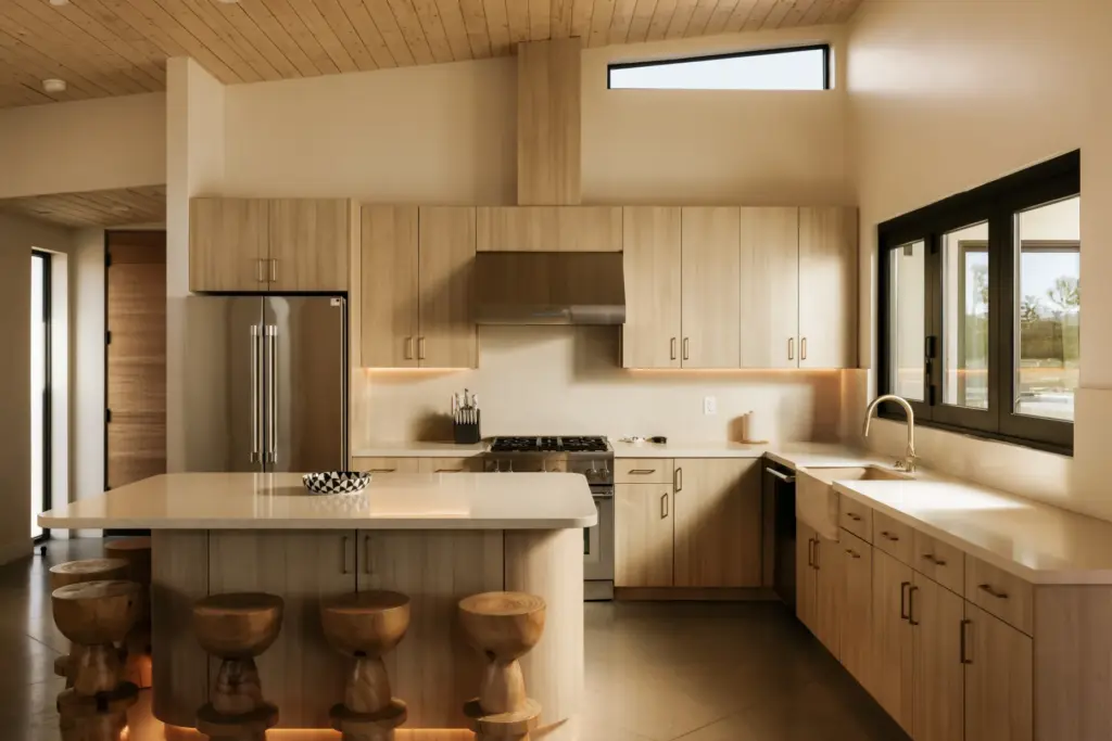 Each has a full kitchen with travertine sinks, but the...