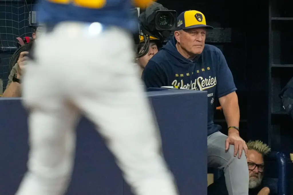 Milwaukee Brewers manager Pat Murphy watches during the first inning...