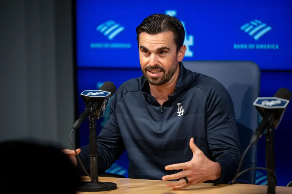 Dodgers general manager Brandon Gomes speaks to the media during...