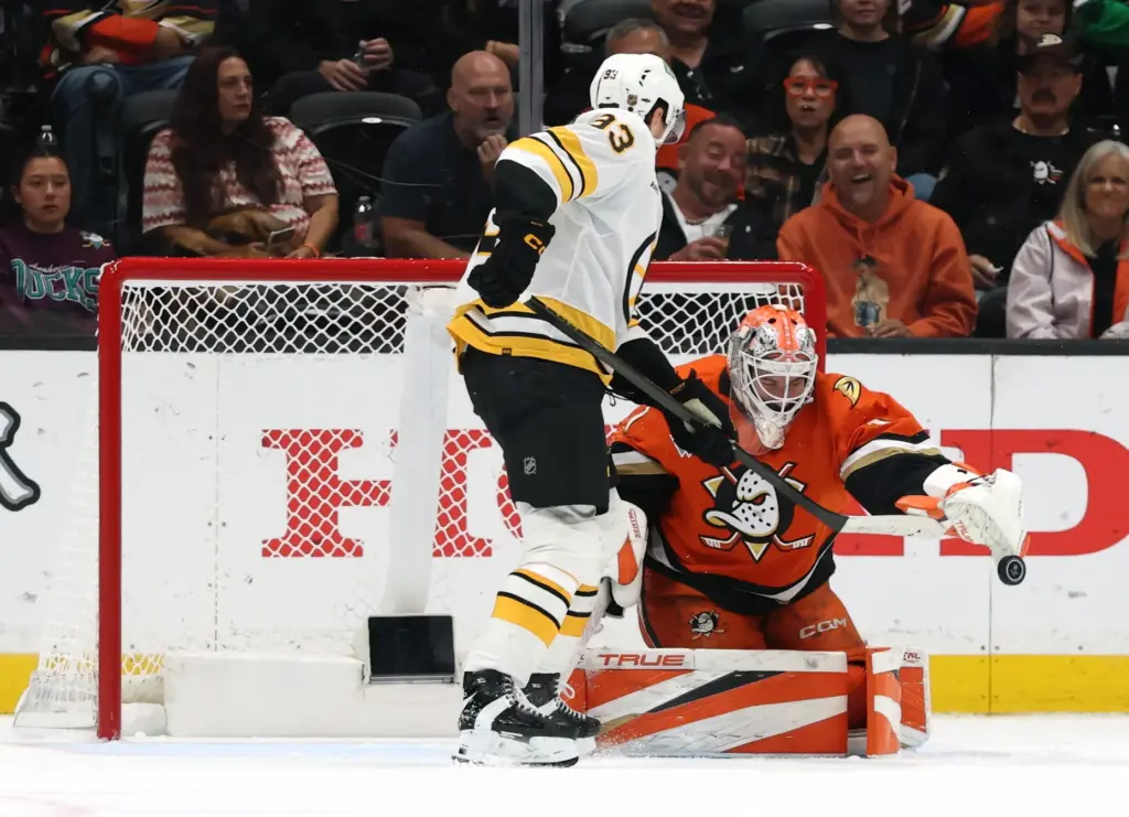 Ducks goaltender Lukas Dostal, right, makes a save in front...