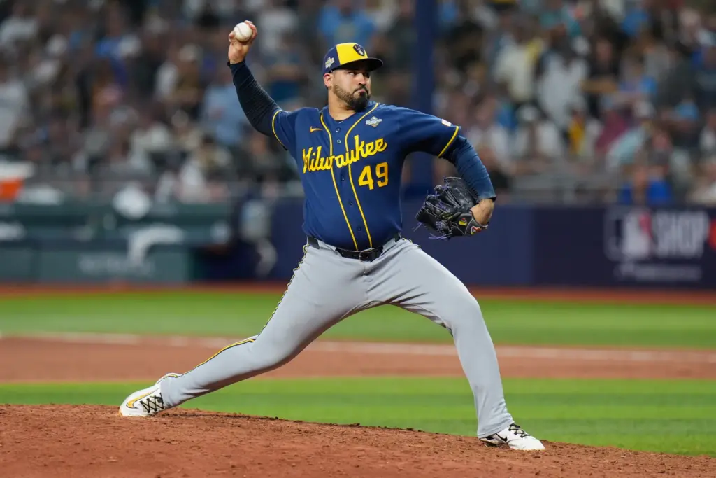 Milwaukee Brewers relief pitcher Antonio Senzatela throws to the plate...