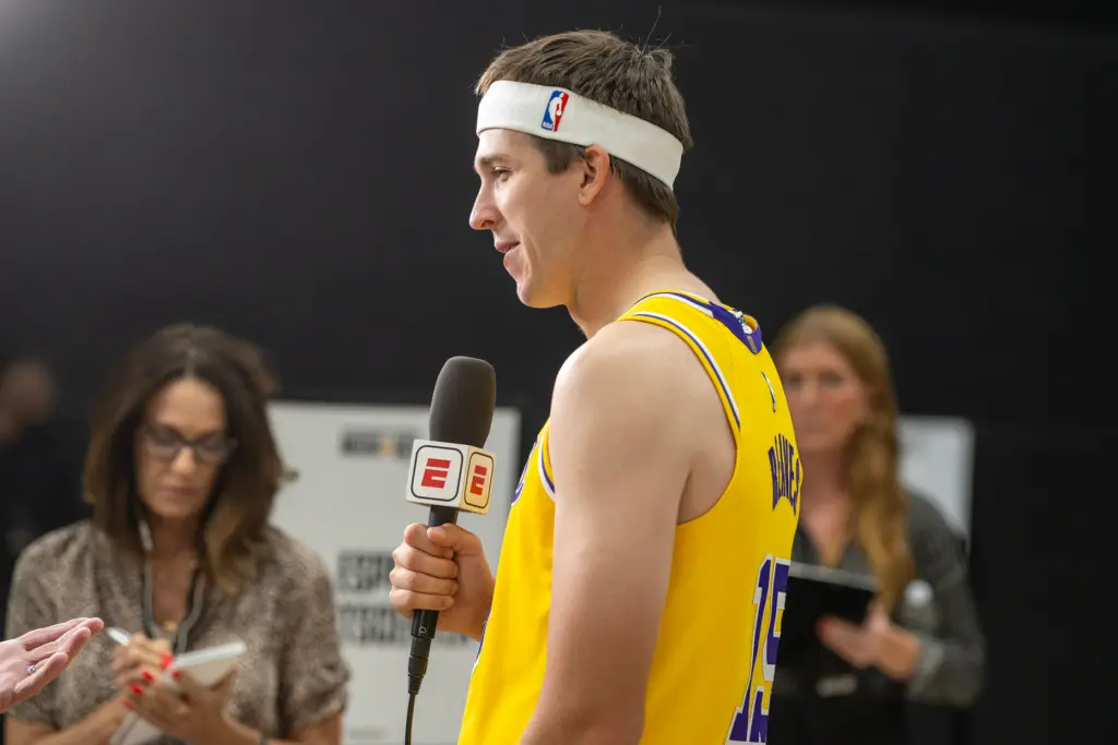 Austin Reaves does an interview during the team’s annual preseason...