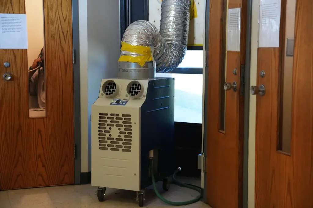 An air conditioning unit is placed in a housing unit...