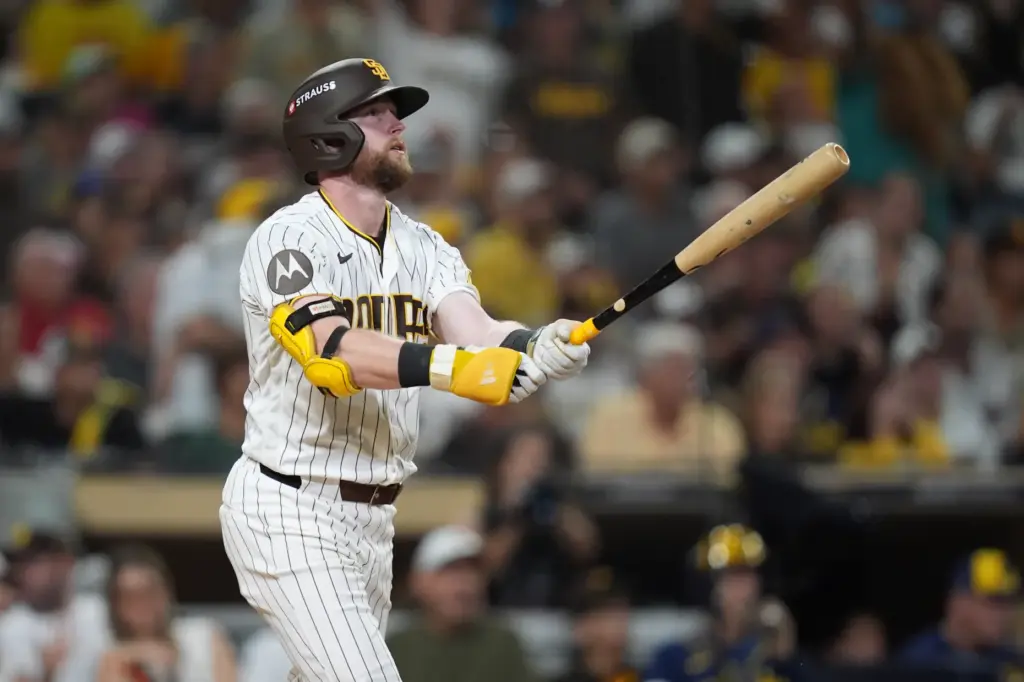 The San Diego Padres’ Jake Cronenworth watches his solo home...