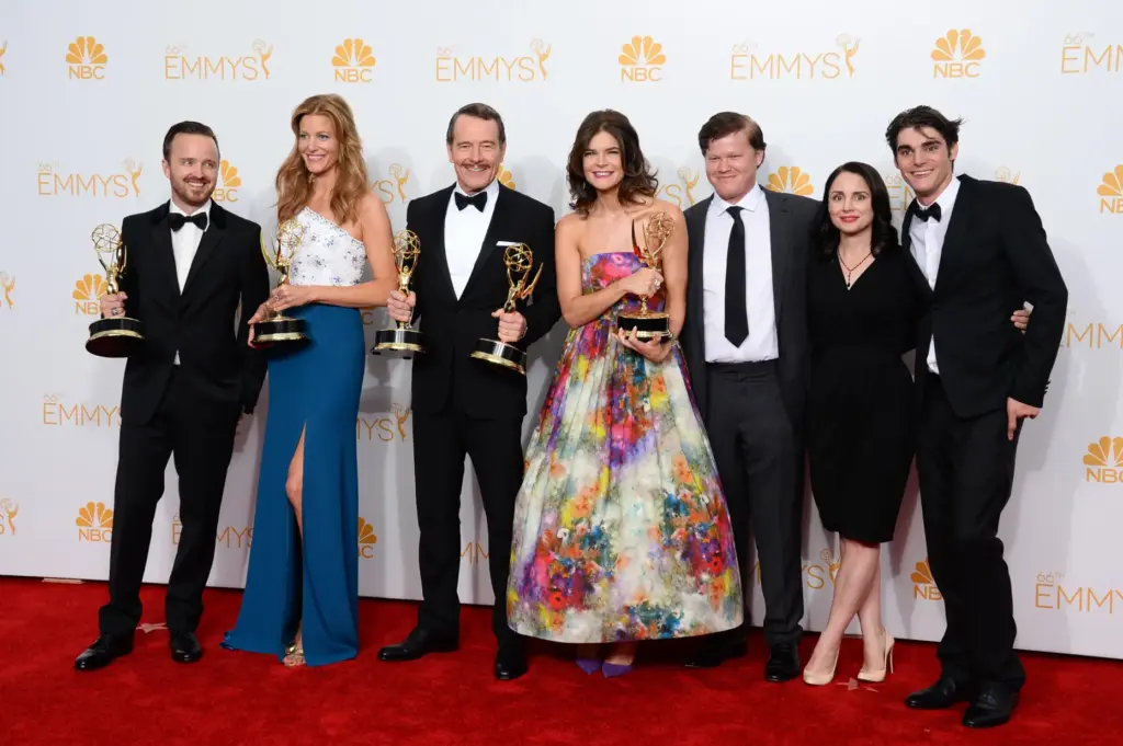 FILE – Aaron Paul, from left, Anna Gunn, Bryan Cranston,...
