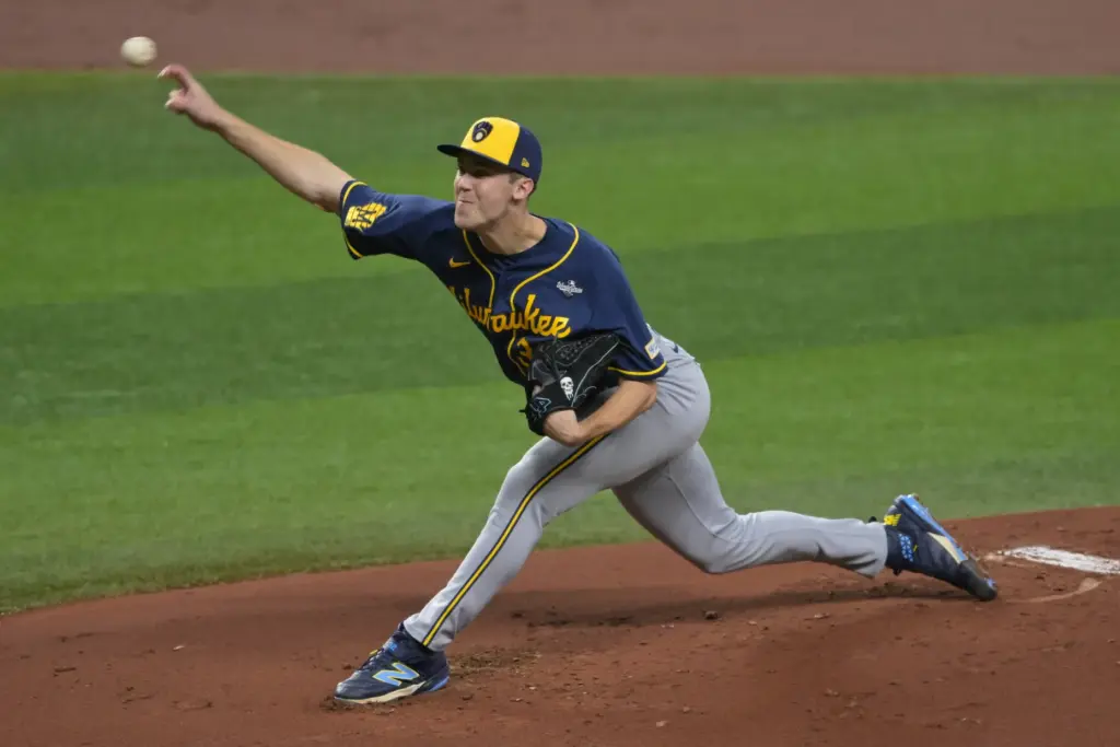 Milwaukee Brewers starting pitcher Jacob Misiorowski throws to the plate...