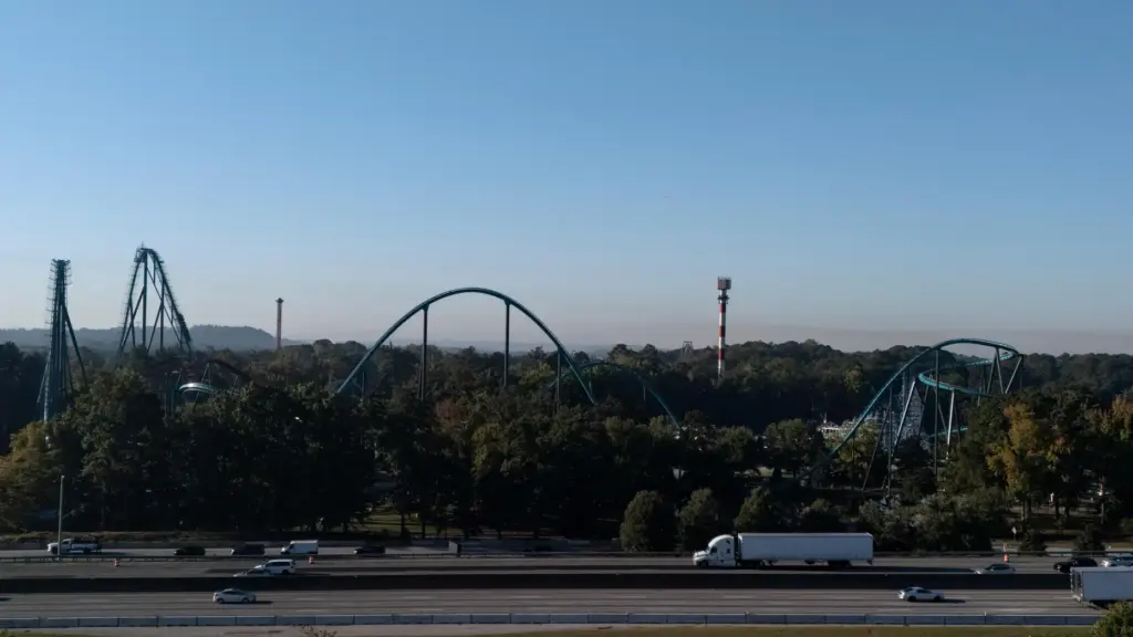 Attractions are seen near Interstate 20 at Six Flags Over Georgia.