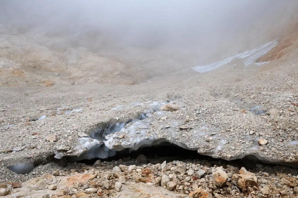 A view of the remaining ice at the Skuta glacier near Kamnik, Slovenia.