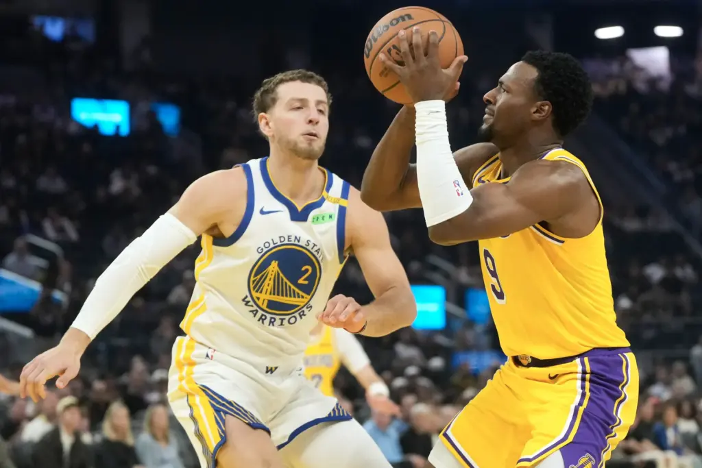 Lakers guard Bronny James shoots as Golden State Warriors guard...