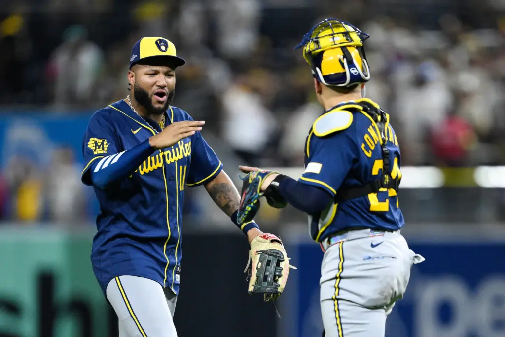 The Milwaukee Brewers’ Jackson Chourio, left, and catcher William Contreras...