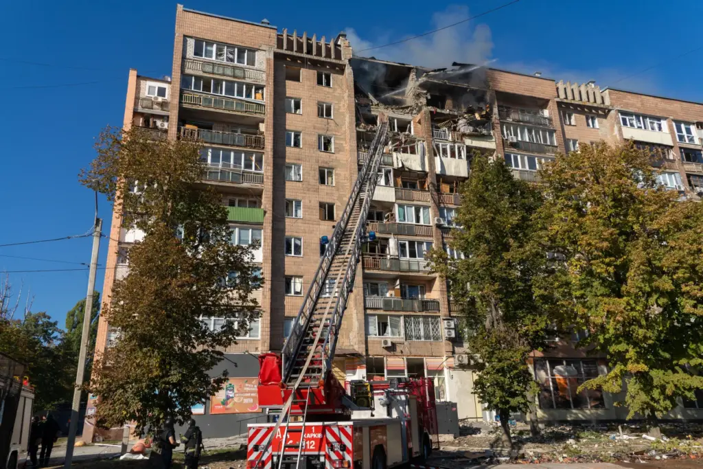 A residential building burns following a Russian air attack in...