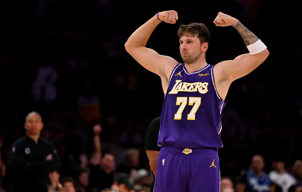 Lakers star Luka Doncic flexes during the second half of...