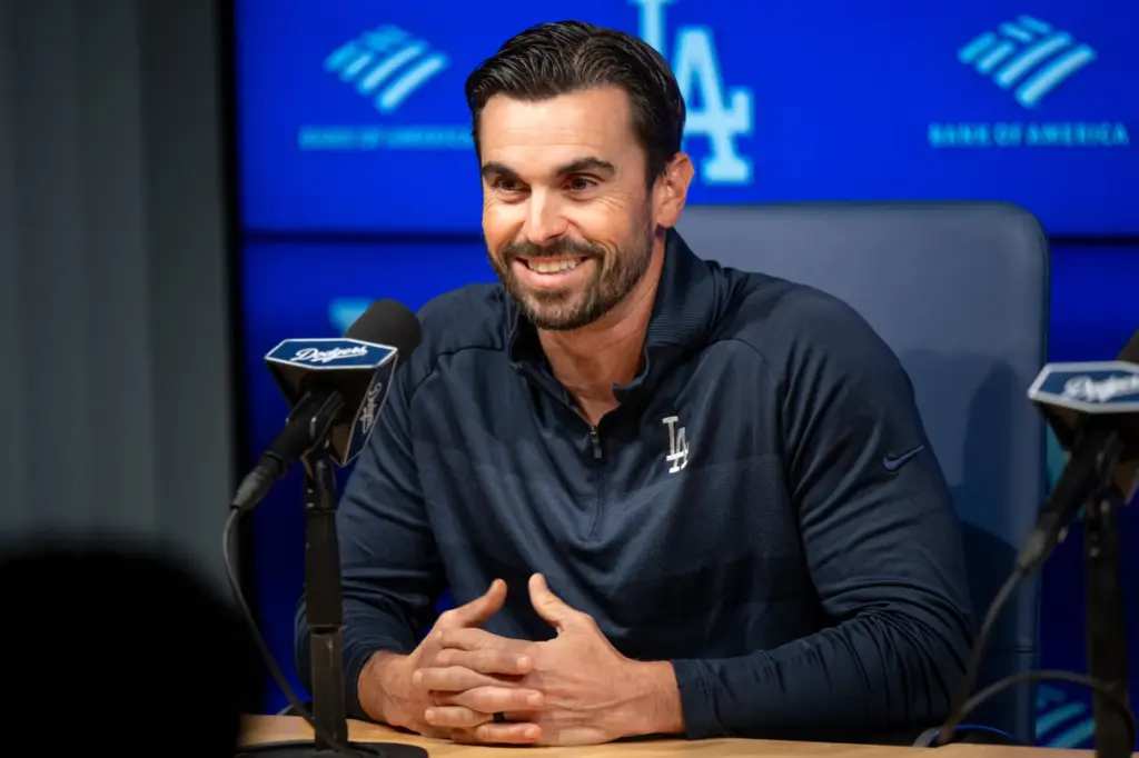 Dodgers general manager Brandon Gomes speaks to the media during...