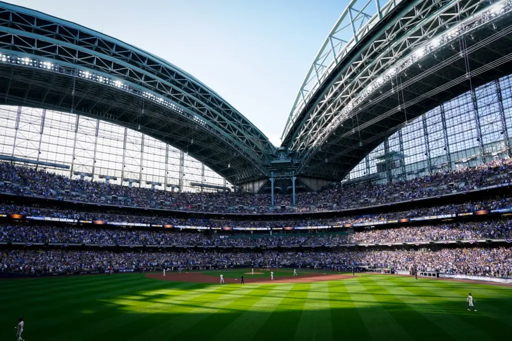 The Milwaukee Brewers take the field during the first inning...