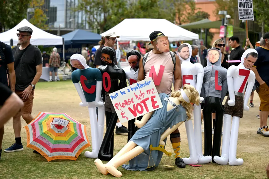 No Kings protesters rally and march in downtown Los Angeles...