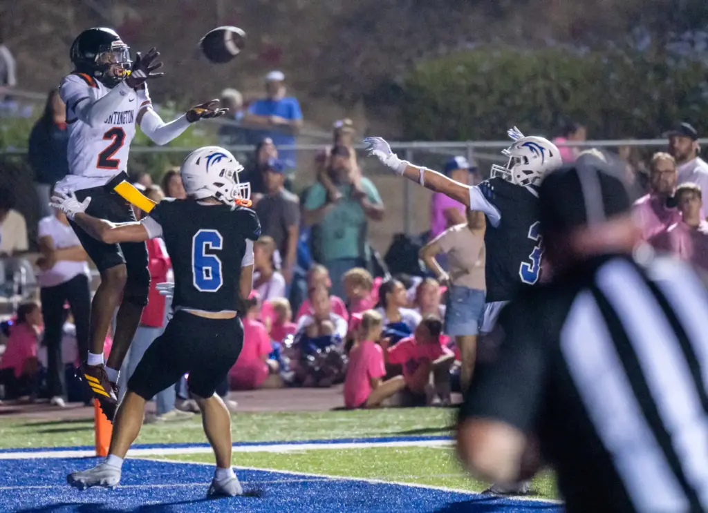 Huntington Beachâs Dylin Bruce (2) makes a leaping touchdown catch...