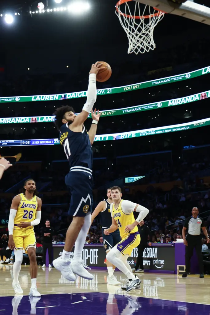 Denver Nuggets guard Jamal Murray drives to the basket during...
