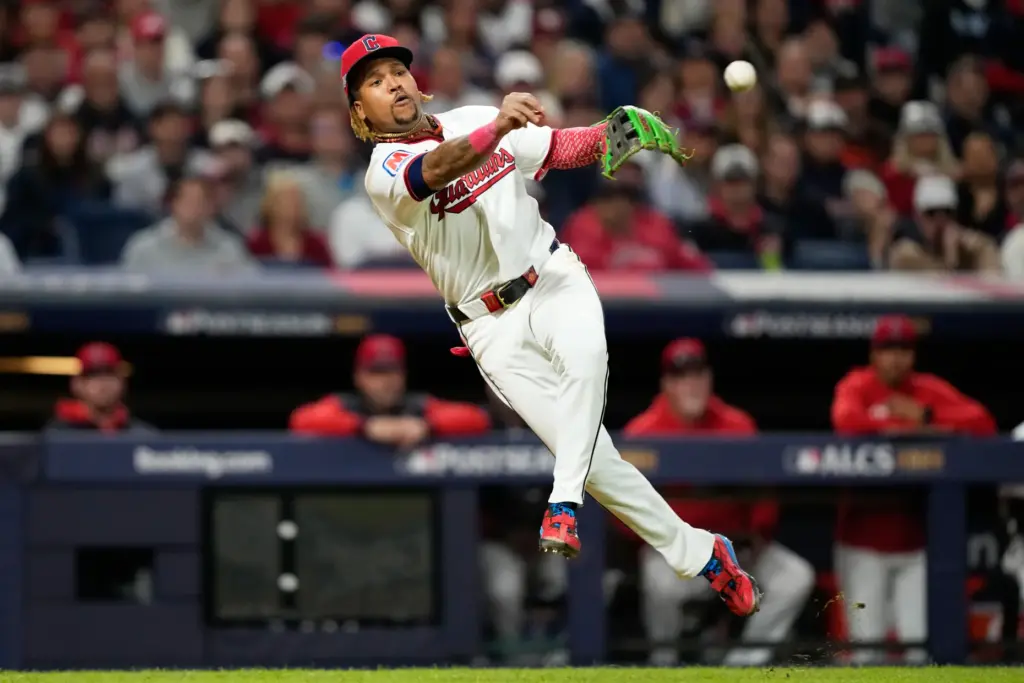 Cleveland Guardians third baseman JosÃ© RamÃ­rez throws out Tampa Bay...