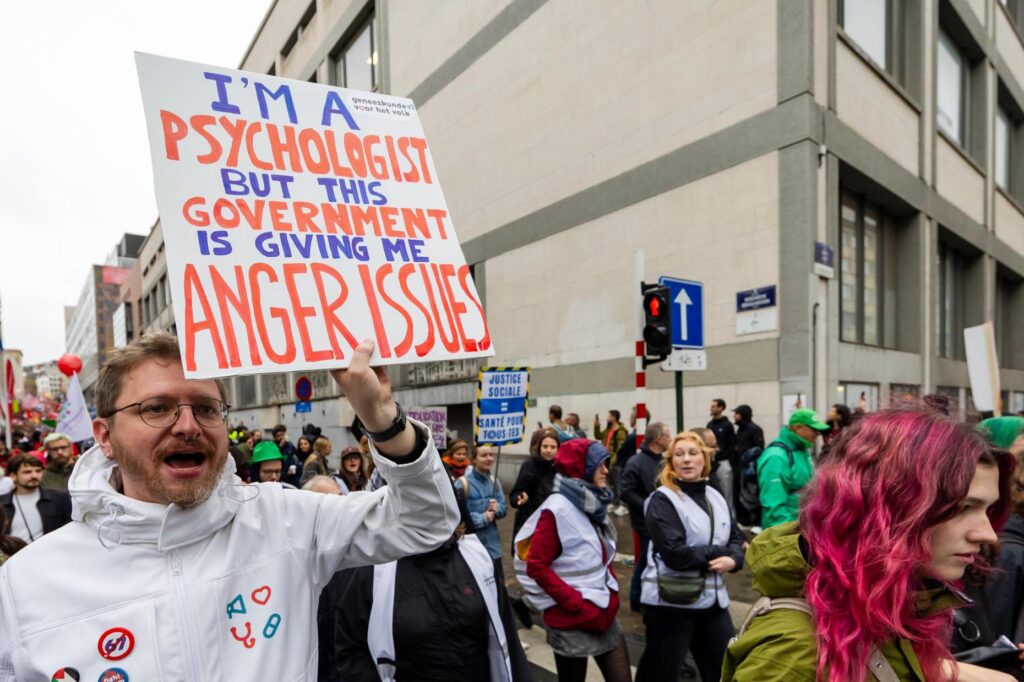 Demonstrators take part in a national protest organized by Belgian trade unions.