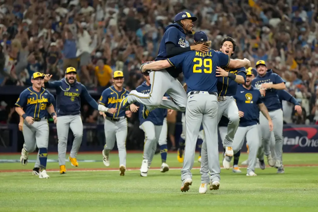 The Milwaukee Brewers celebrate after winning baseball’s World Series against...