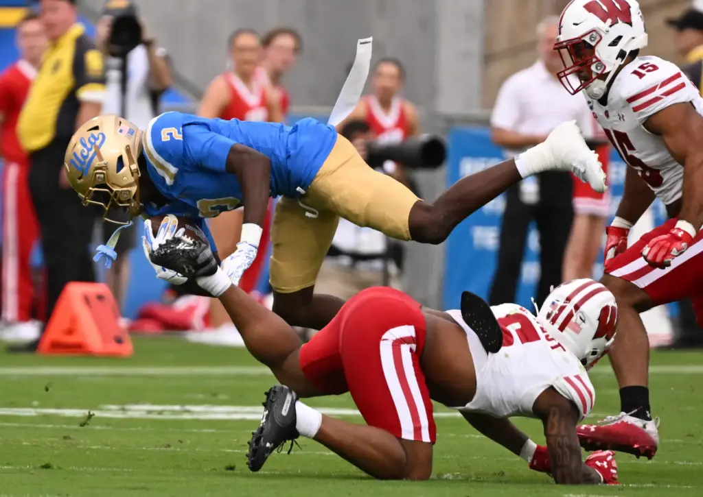 Wide receiver Brian Rowe Jr. #2 of the UCLA Bruins...
