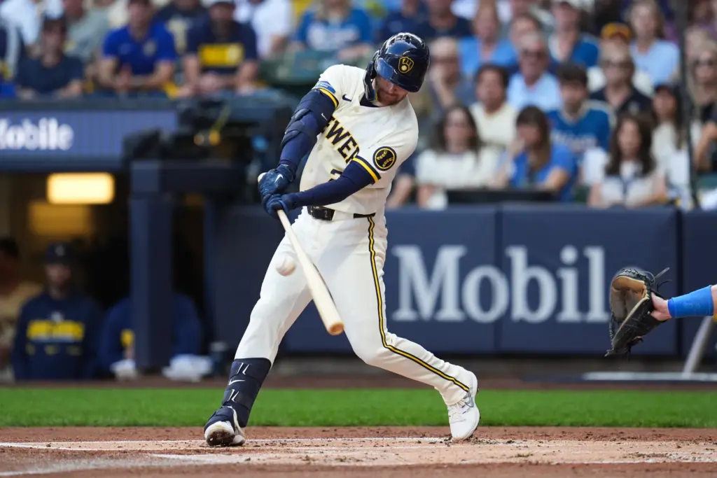 The Milwaukee Brewers’ Brice Turang connects for a double during...