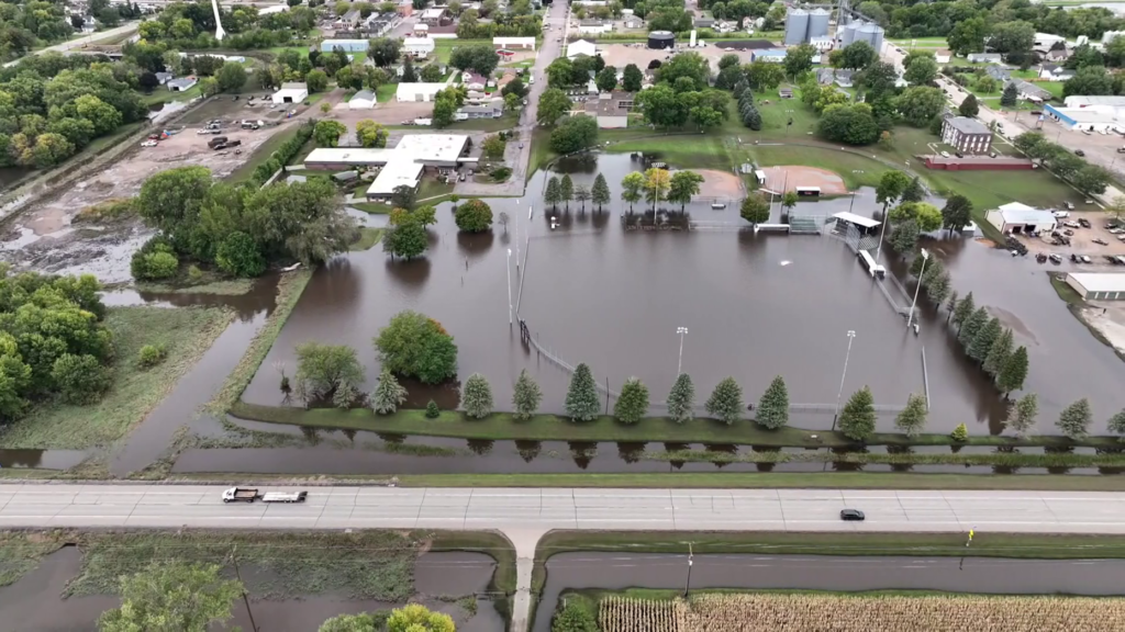 Aerial footage shows lingering floodwater in New Richland, Minnesota.
