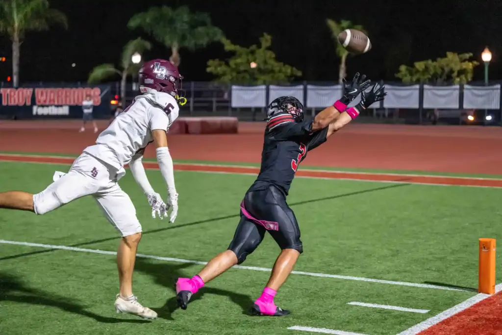 Troy wide receiver Andrew Green (3) nearly reaches a would-be-touchdown...