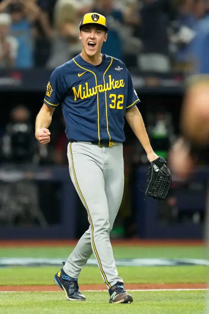 Milwaukee Brewers starting pitcher Jacob Misiorowski celebrates the final out...
