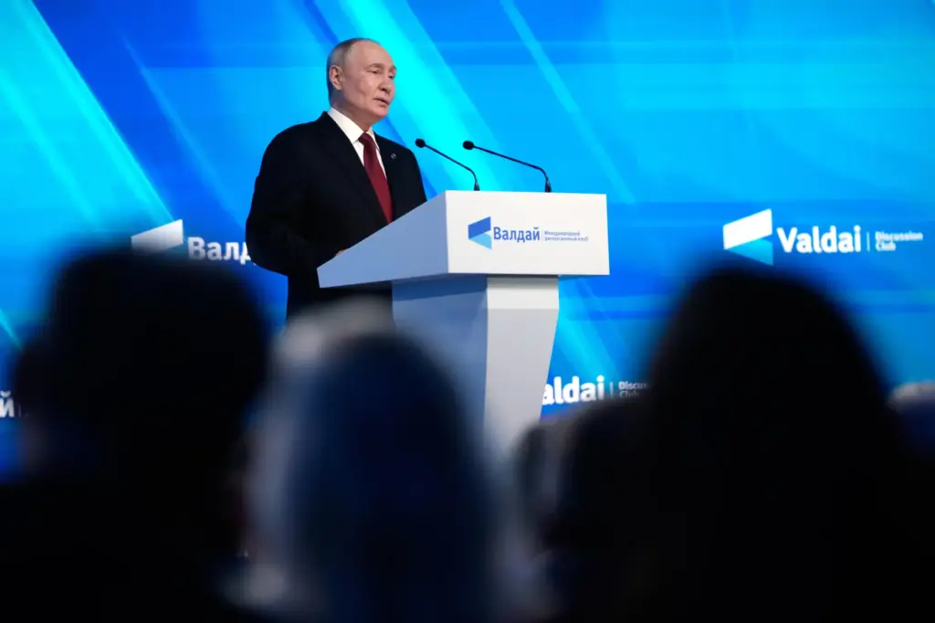 Russian President Vladimir Putin speaks at the session of the...