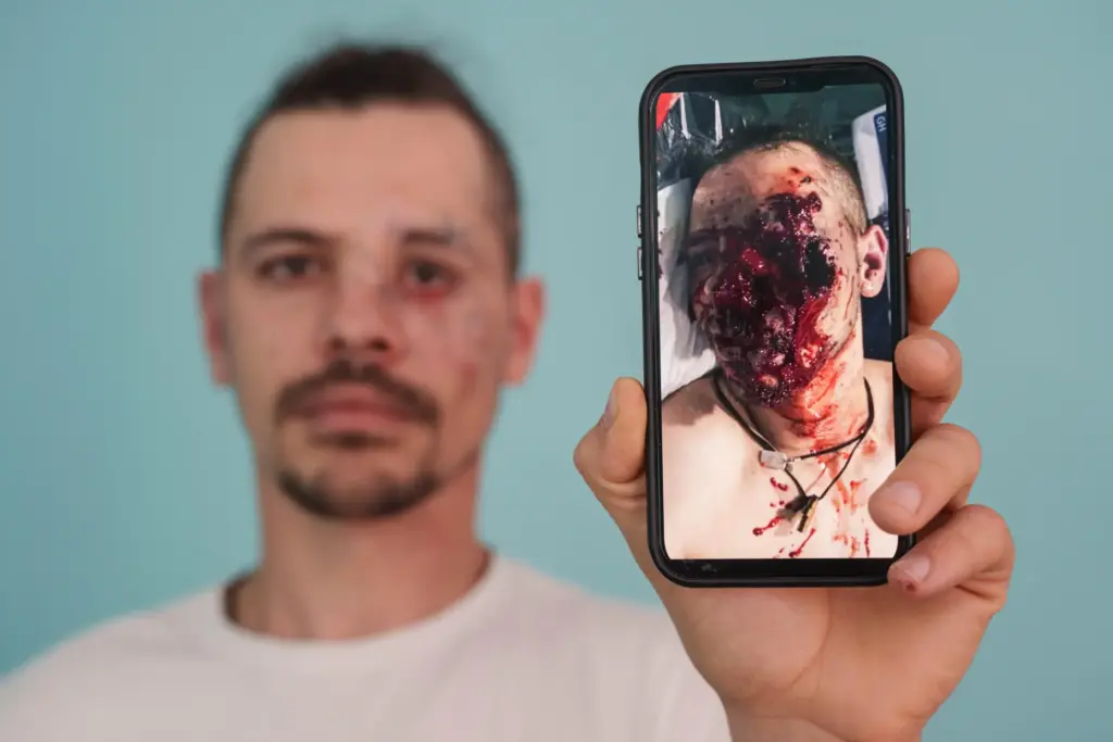Soldier Artem Deresh shows a photo of his wound ahead of a surgery.