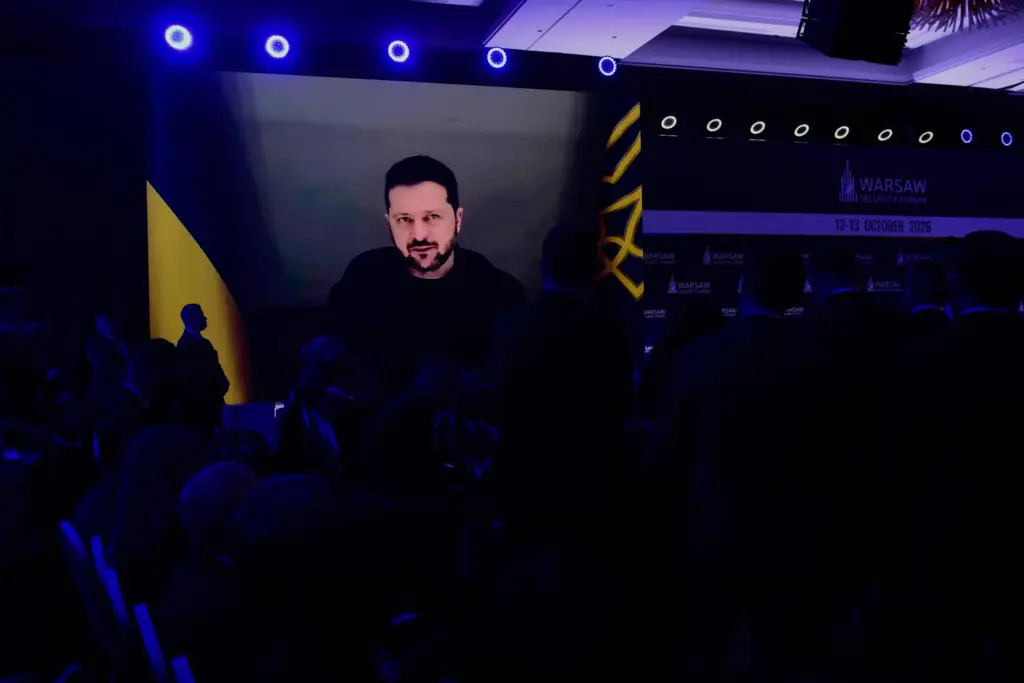 People watch Ukrainian President Volodymyr Zelenskyy on a large screen.