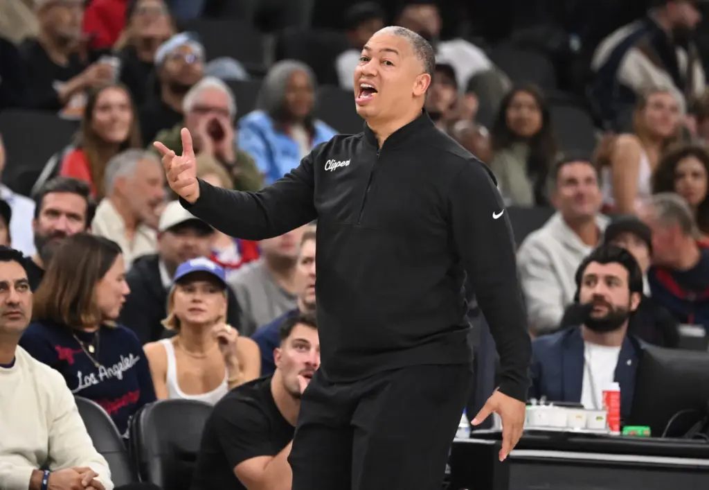 Clippers head coach Tyronn Lue reacts on the sideline during...