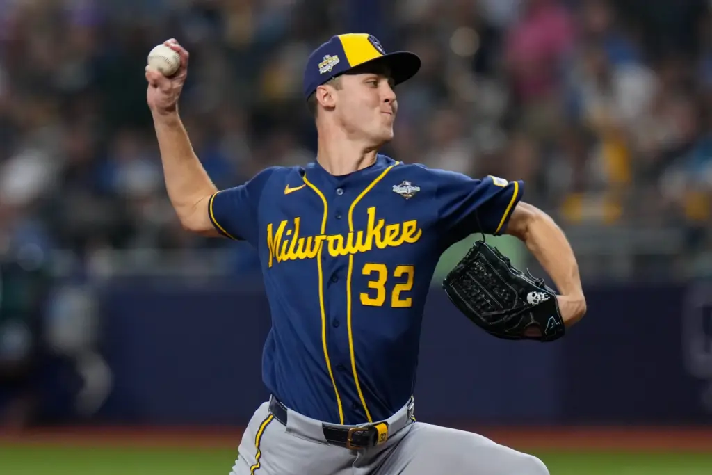 Milwaukee Brewers starting pitcher Jacob Misiorowski throws to the plate...