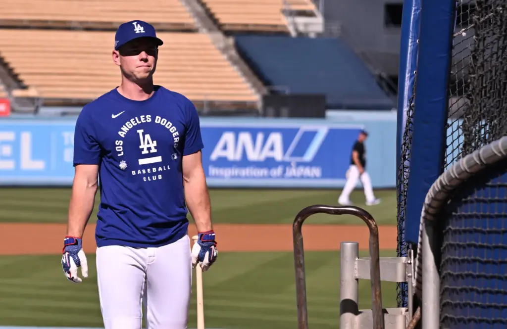 Dodgers catcher Will Smith looks on during batting practice before...