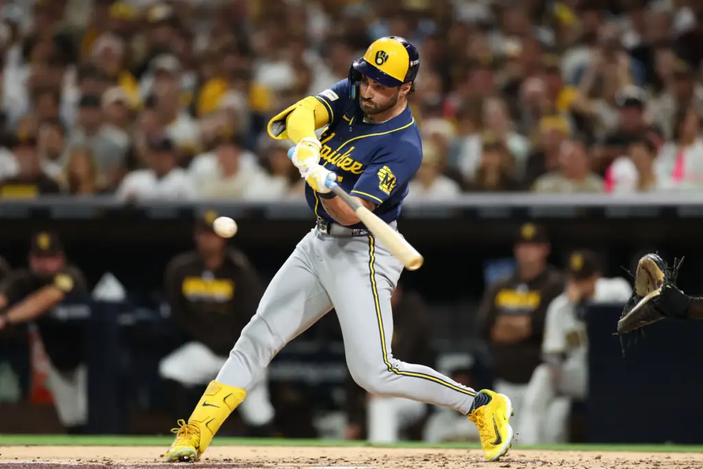 The Milwaukee Brewers’ Garrett Mitchell hits an RBI single during...