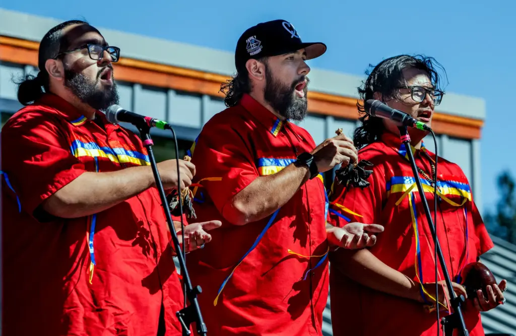 Yuhaaviatam of San Manuel Nation Bird Singers perform during the...